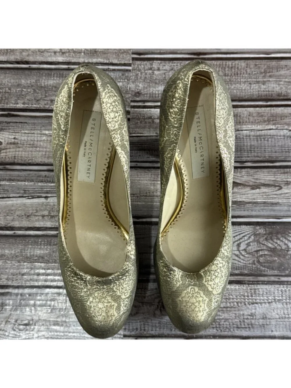 Stella McCartney Gold Metalic Brocade Platform Pumps Size 38.5 mspr $975 Italy